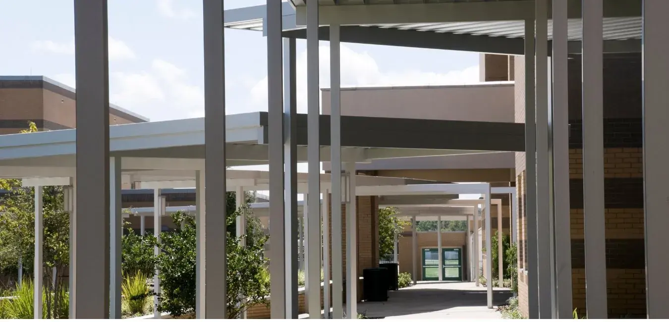 Steel canopy structures covering a walkway
